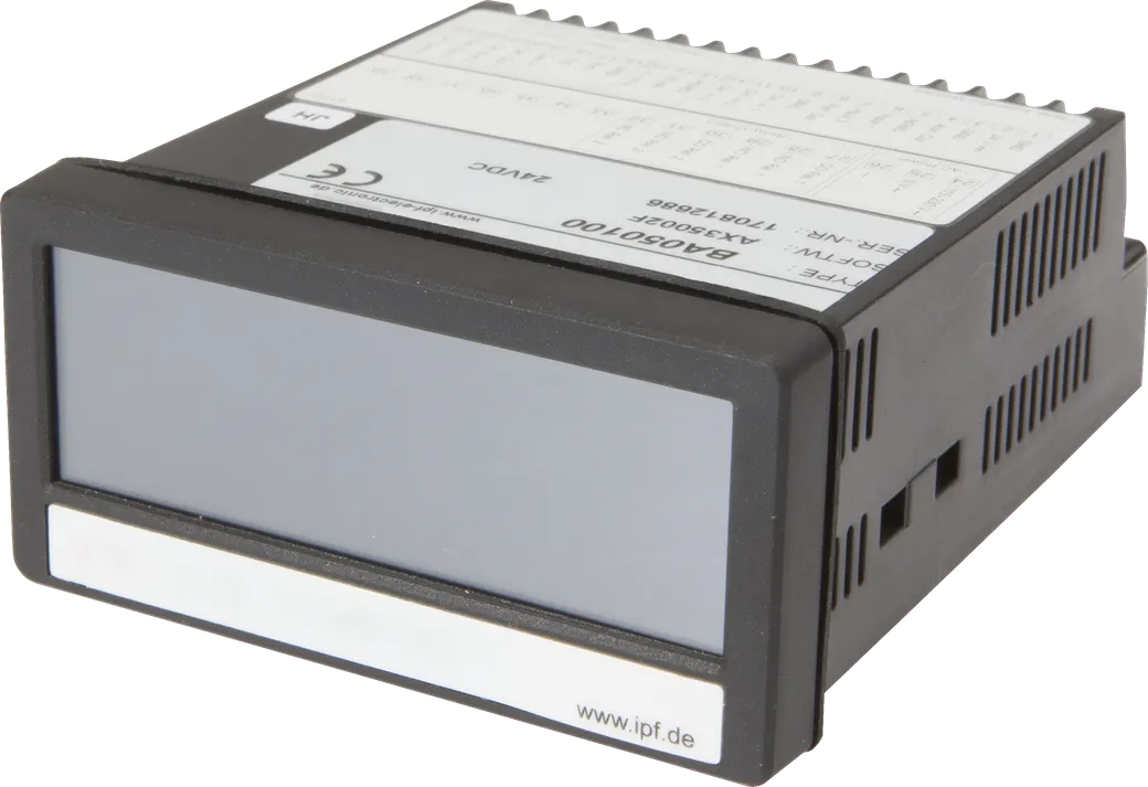 Messumformer, Analog / Digital, Touchdisplay, 48x116x96mm, -10-10V / 0/4-20mA, 8 Stellen, 18-30V DC, 4x PNP programmierbar/konfigurierbar, 0-10V/4-20mA, klemmen, IP20, Noryl UL94, LCD – Bild 1