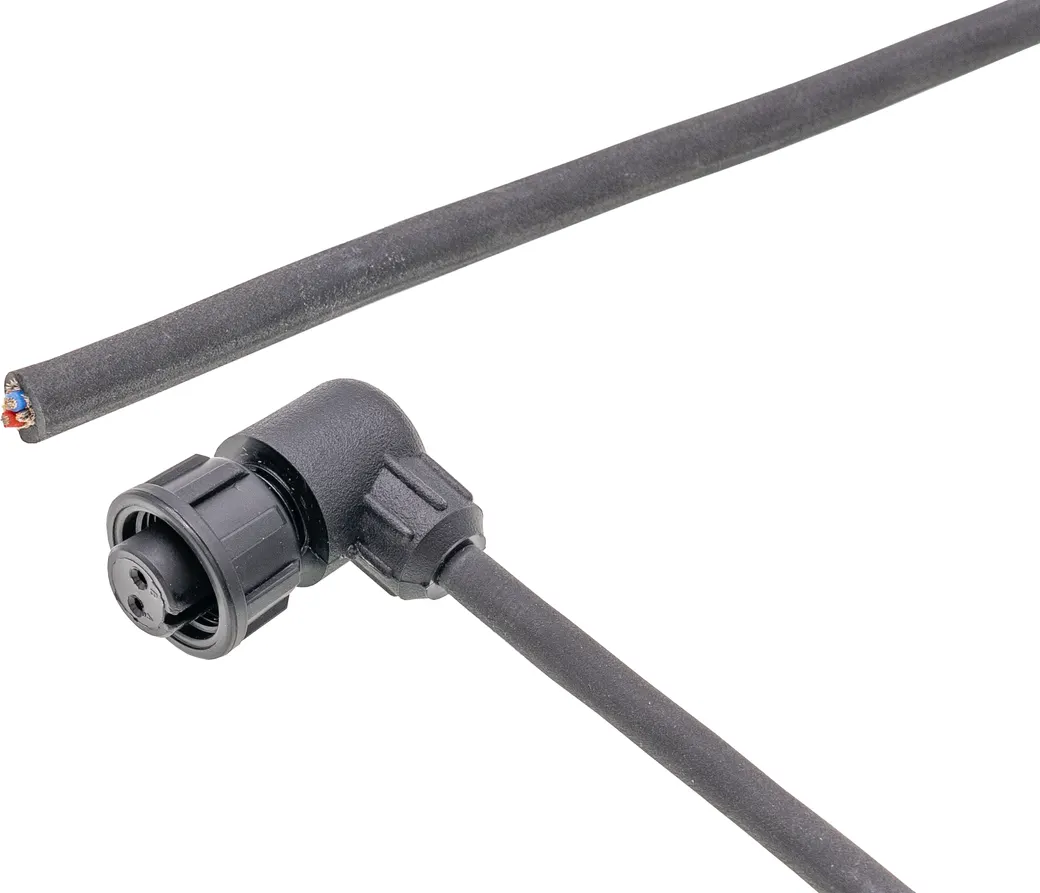 Anschlussleitung, 15m, MS3106-A Stecker 2polig abgewinkelt, offenes Ende, 2x0, 25mm², PUR (Polyurethan) schwarz, -50-121°C, Geschirmt, Schleppketten- und torsionsfähig, Öle und Kühlschmiermittel, Schweißbereich – Bild 1