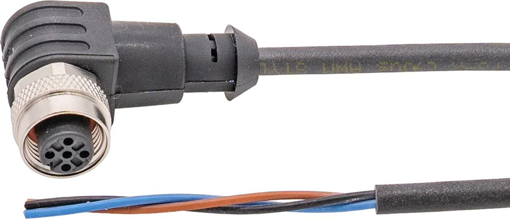 Anschlussleitung, 2m, M12 Dose 3polig abgewinkelt, freies Leitungsende, 3x0,34mm², PUR (Polyurethan), Ø4,3mm, 250V, -30-90°C, IP67, Schleppketten- und torsionsfähig, Öle und Kühlschmiermittel, Schweißbereich, Silikonfrei – Bild 1