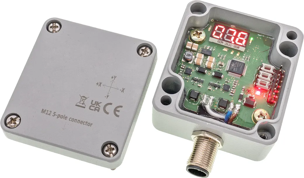 Sensor Neigung, 58x64x36mm, -10...+10°, 9-30V DC, -25-80°C, 2 Achsen X+Y, 2x 4-20mA, M12-Steckverbinder 5pol, Aluminium, IP67 – Bild 1