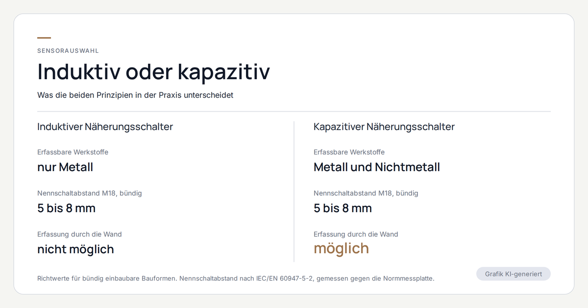 Gegenüberstellung beider Messprinzipien: Induktive Sensoren erfassen nur Metall, kapazitive Sensoren auch nichtmetallische Stoffe. Der Nennschaltabstand liegt bei Bauform M18 bündig in beiden Fällen bei 5 bis 8 Millimetern. Nur der kapazitive Sensor kann ein Medium durch eine dünne, nichtleitende Wand hindurch erfassen.